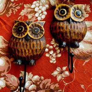 2 cute world market owl wooden hangers.